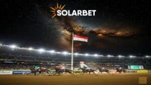 horse racing inside the stadium with solarbet logo on top